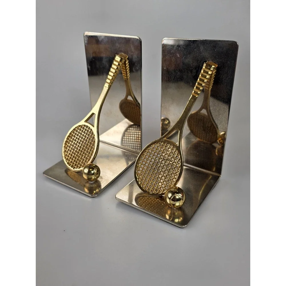 Pair Of Vintage Polished Brass and Chrome Tennis Racket Bookend Decor Figurine